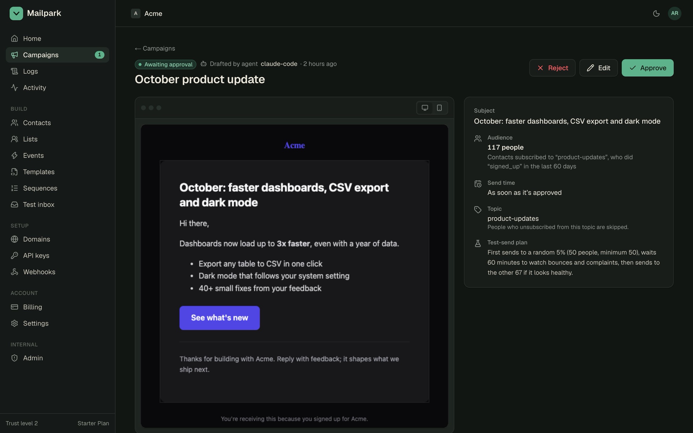 A product update drafted by the claude-code agent, waiting for approval, with its audience and test-send plan