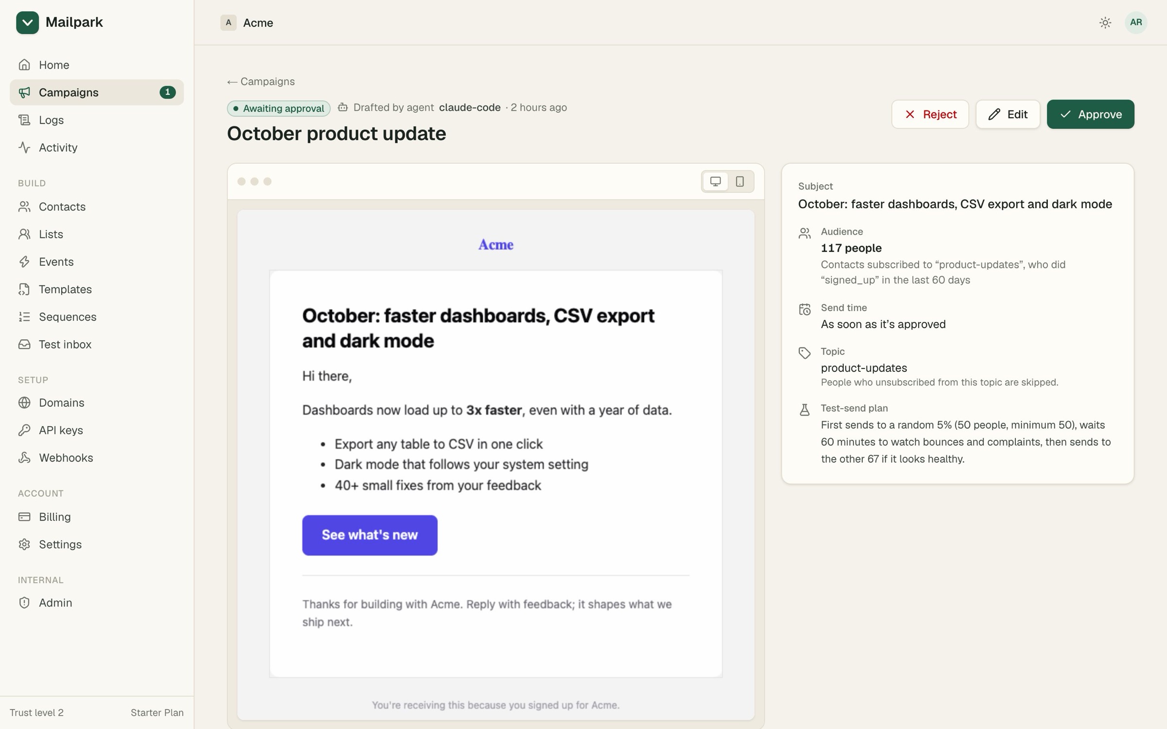 A product update drafted by the claude-code agent, waiting for approval, with its audience and test-send plan