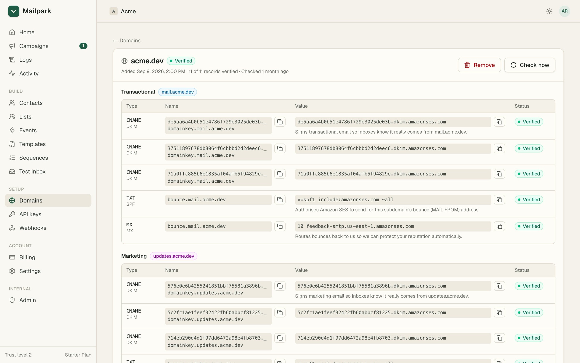 The DNS records for acme.dev, split into the transactional and marketing subdomains, each verified