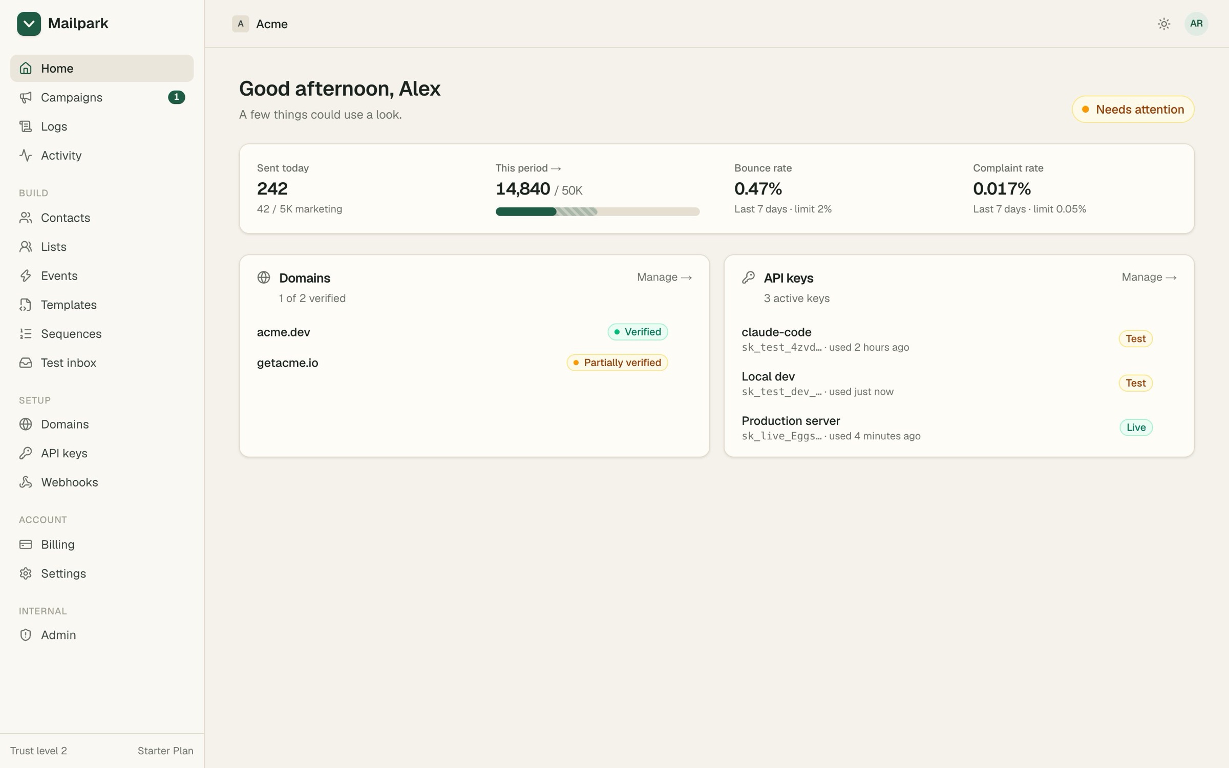 The Mailpark home screen: emails sent today, usage this period, bounce and complaint rates, domains and API keys