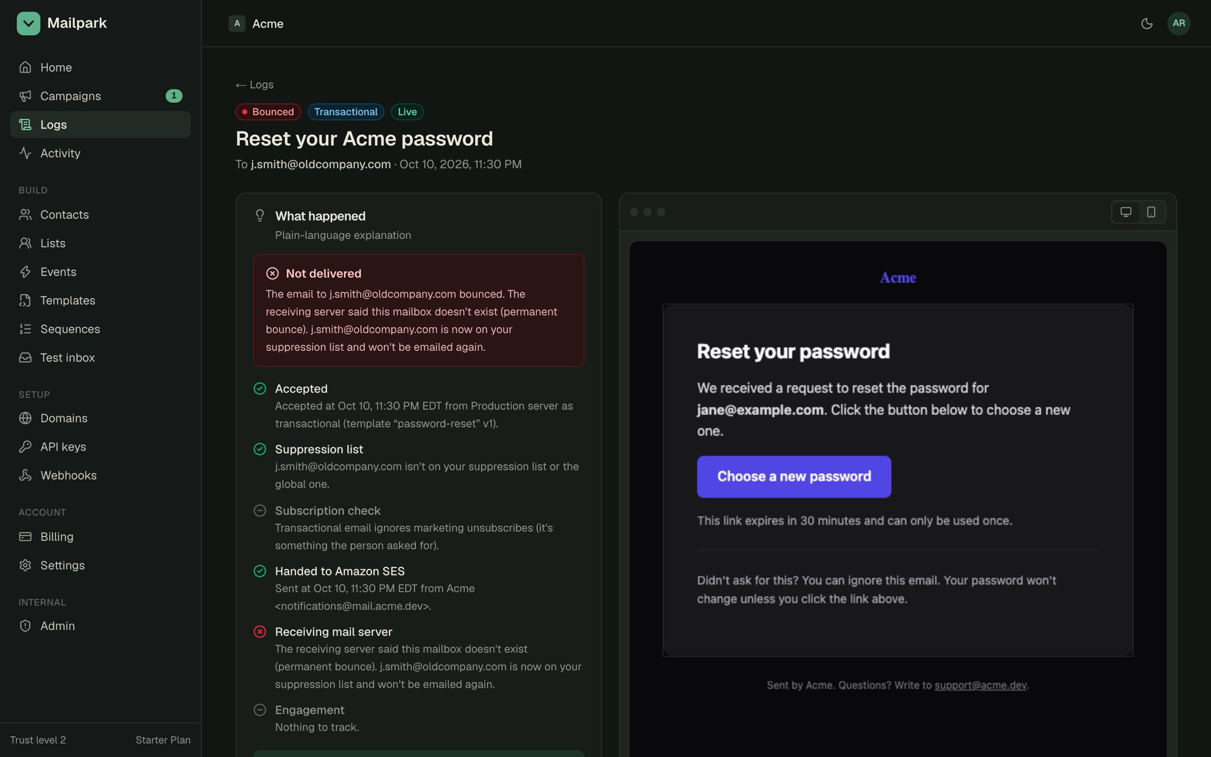 A bounced password reset in the logs, with a plain-language explanation of each delivery stage next to the rendered email